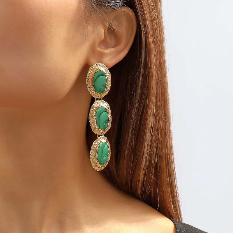 Green Enamel & Goldtone Textured Oval Trio Drop Earrings made by Zulily