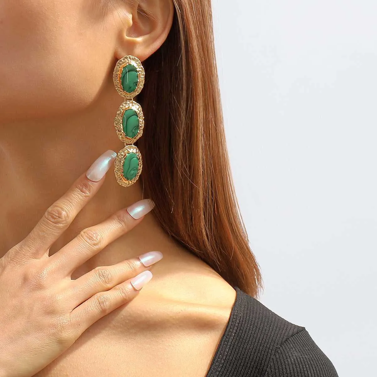 Green Enamel & Goldtone Textured Oval Trio Drop Earrings sold by Zulily product image thumbnail 2