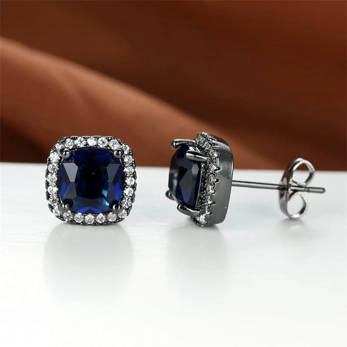 Navy Princess Crystal & Blacktone Halo Stud Earrings sold by Zulily product image thumbnail 2