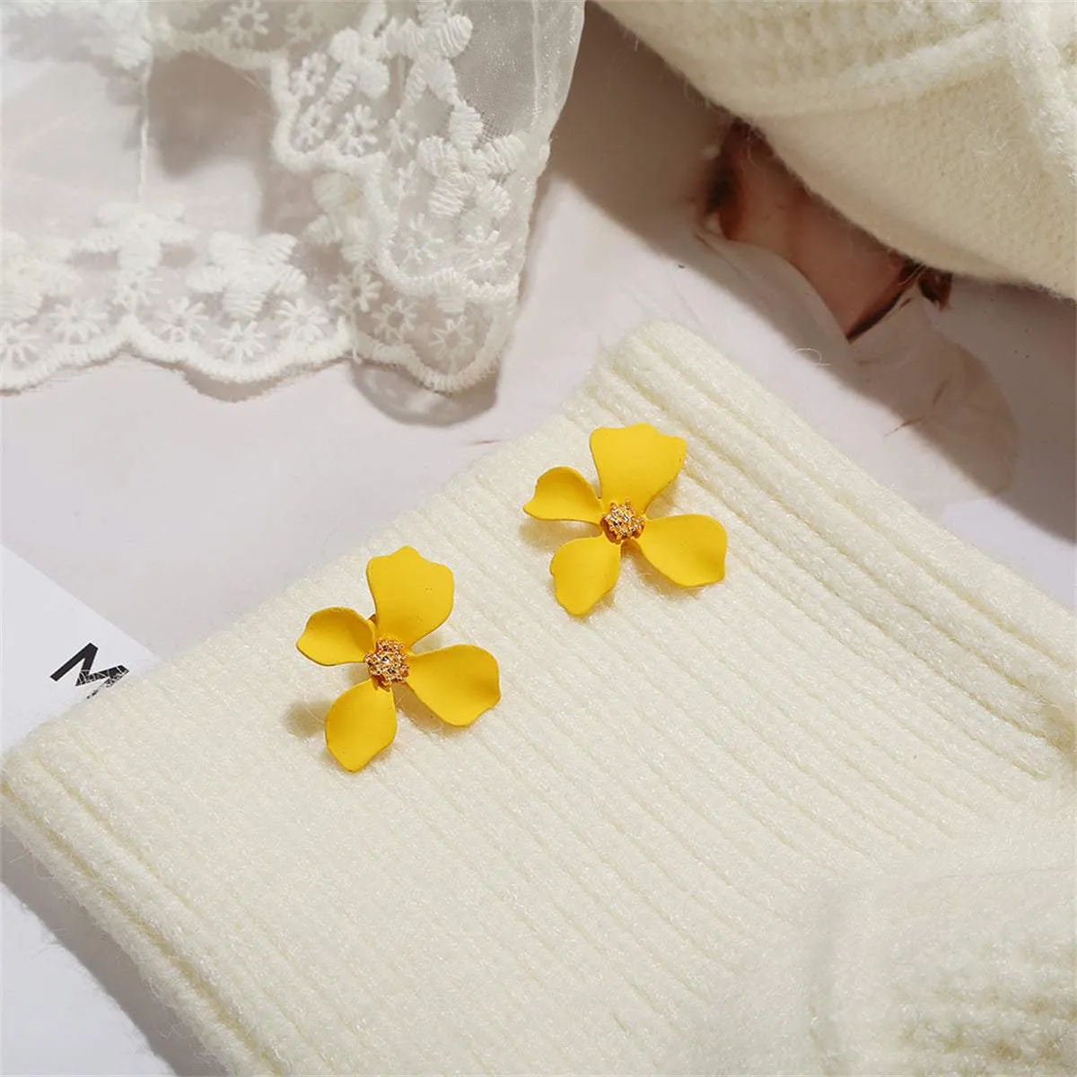 Yellow Enamel & Goldtone Four-Petal Flower Stud Earrings sold by Zulily product image thumbnail 3