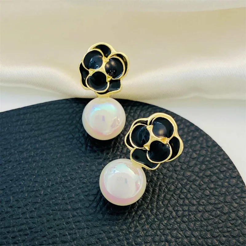 White Pearl & Black Enamel Goldtone Flower Drop Earrings made by Zulily