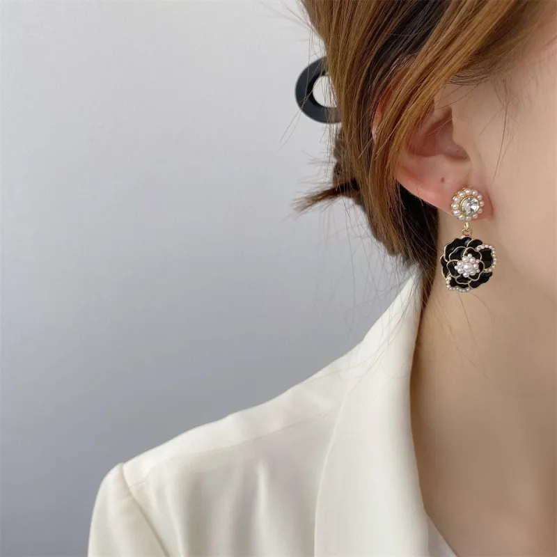 Pearl & Black Enamel Goldtone Camellia Drop Earrings made by Zulily