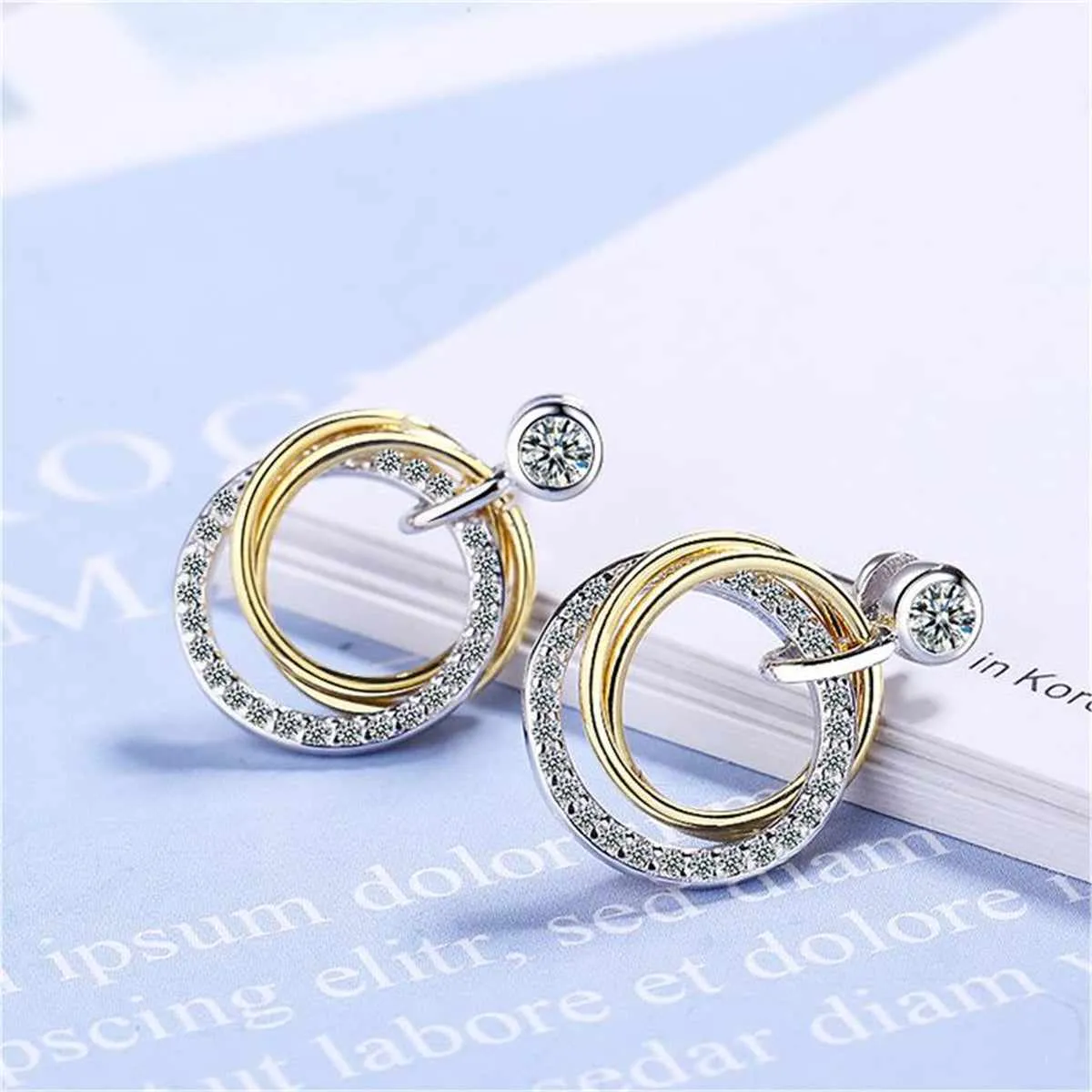 Cubic Zirconia & Two Tone Triple Circle Drop Earrings sold by Zulily product image thumbnail 2