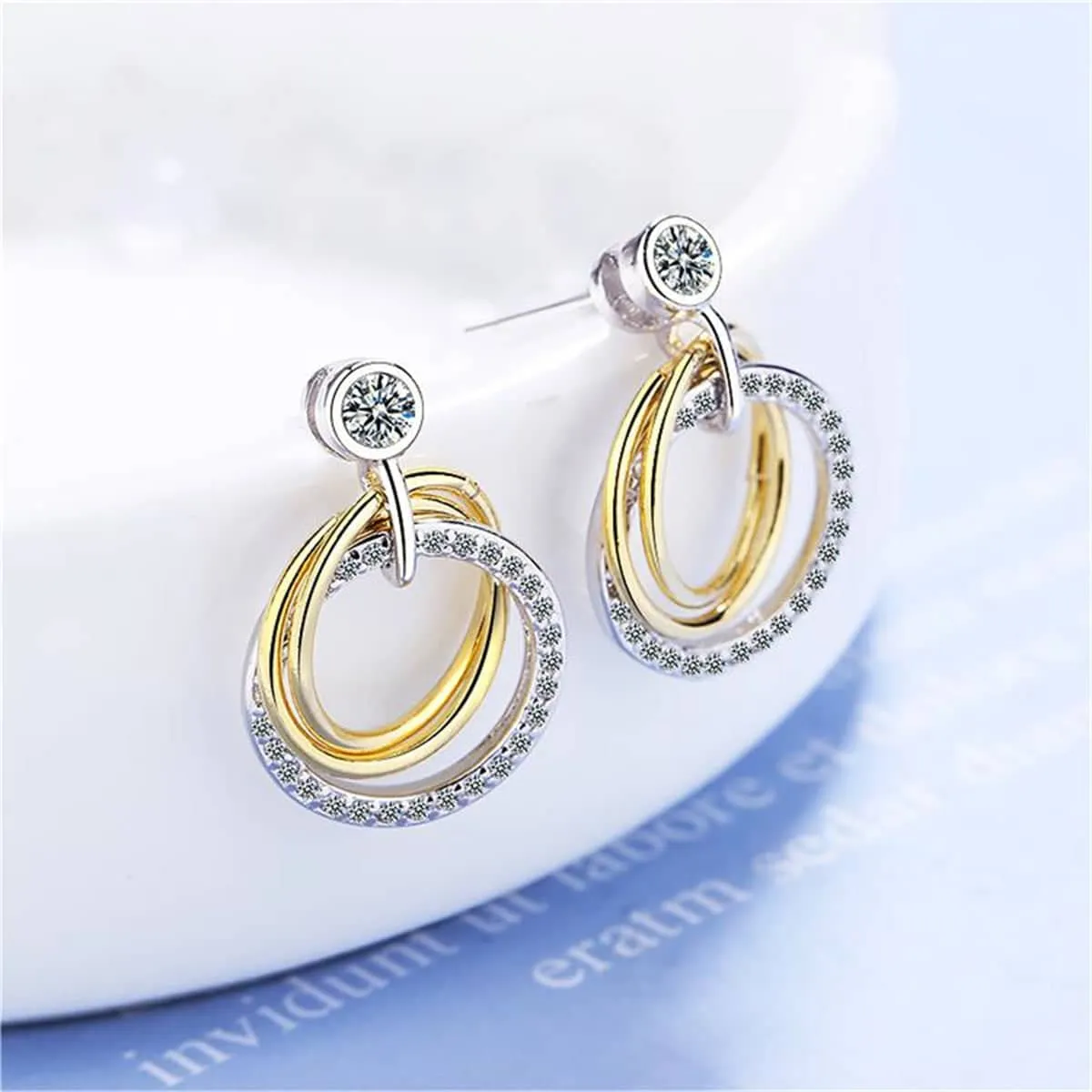 Cubic Zirconia & Two Tone Triple Circle Drop Earrings sold by Zulily product image thumbnail 3