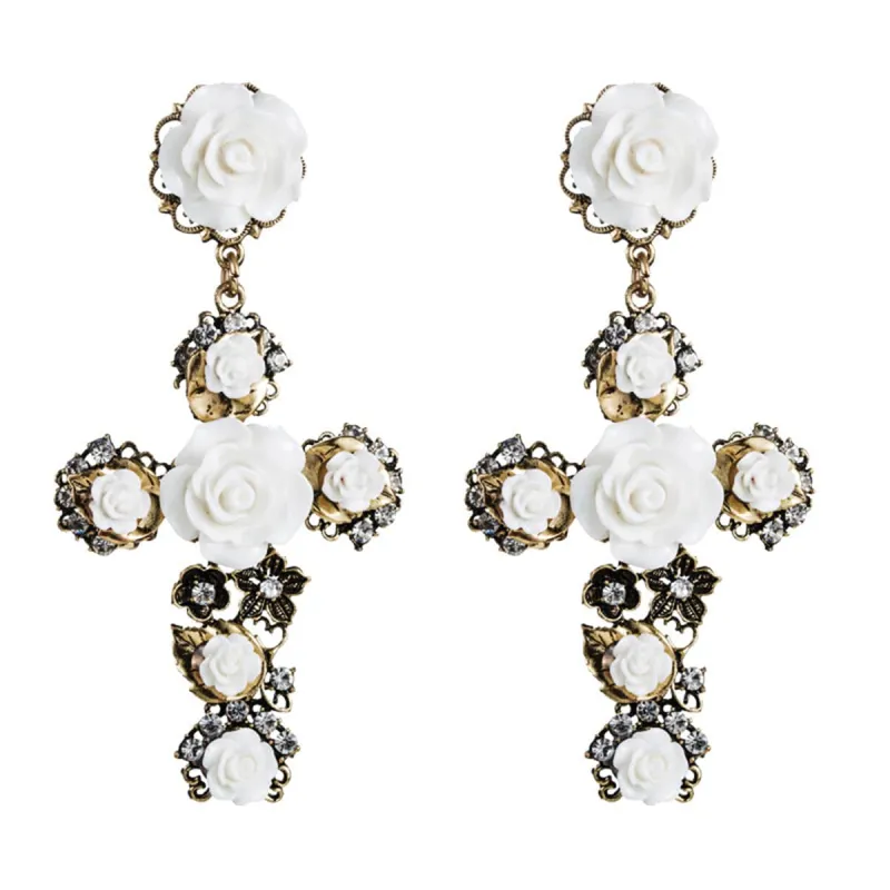White Resin & Cubic Zirconia Rose Cross Drop Earrings made by Zulily