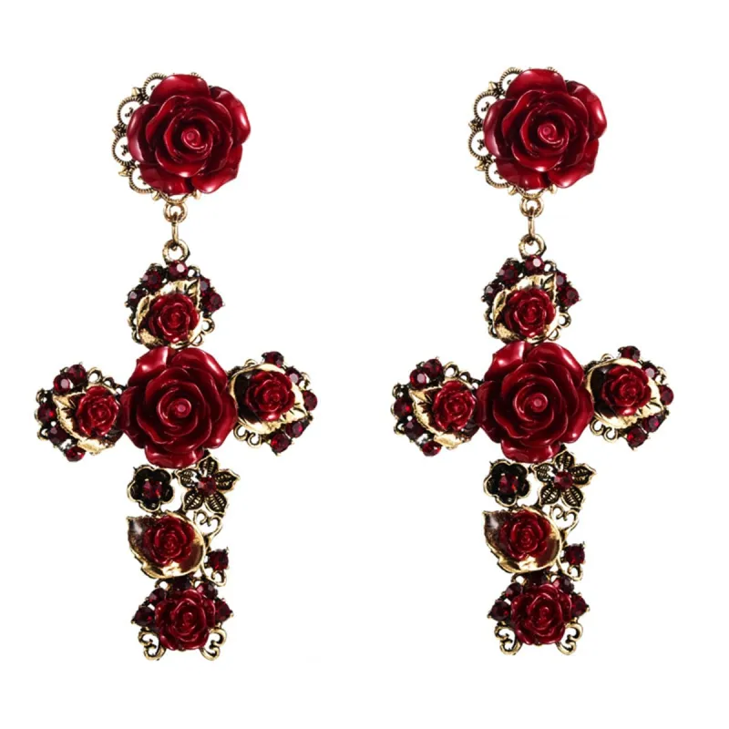 Red Resin & Cubic Zirconia Rose Cross Drop Earrings made by Zulily