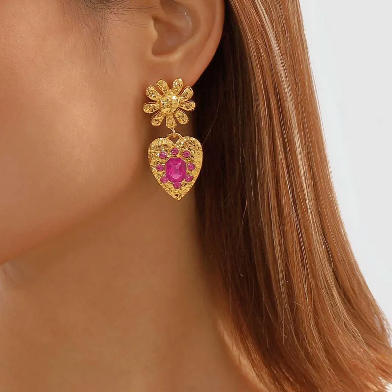 Rose Crystal & Goldtone Flower Heart Drop Earrings made by Zulily