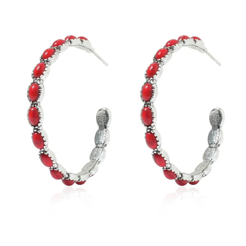 Red Turquoise & Silvertone Oval-Cut Hoop Earrings made by Zulily