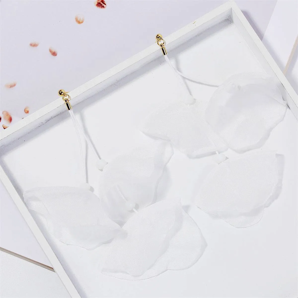 White Polyster & Goldtone Three-Petal Drop Earrings sold by Zulily product image thumbnail 3