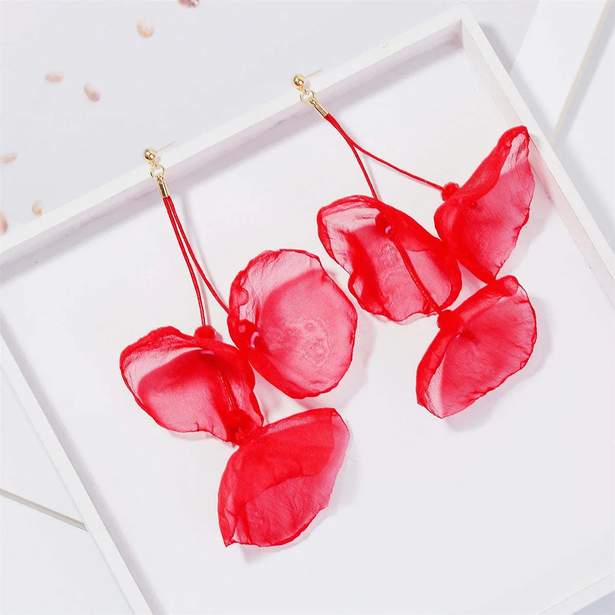 Red Polyster & Goldtone Three-Petal Drop Earrings sold by Zulily product image thumbnail 3