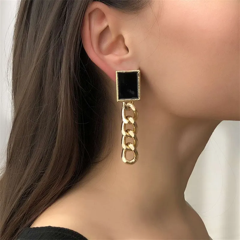 Black Enamel & Goldtone Square Chain Drop Earrings made by Zulily
