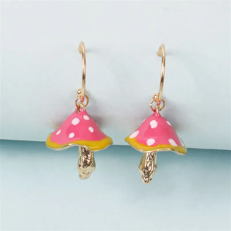 Pink Enamel & Goldtone Mushroom Drop Hoop Earrings made by Zulily
