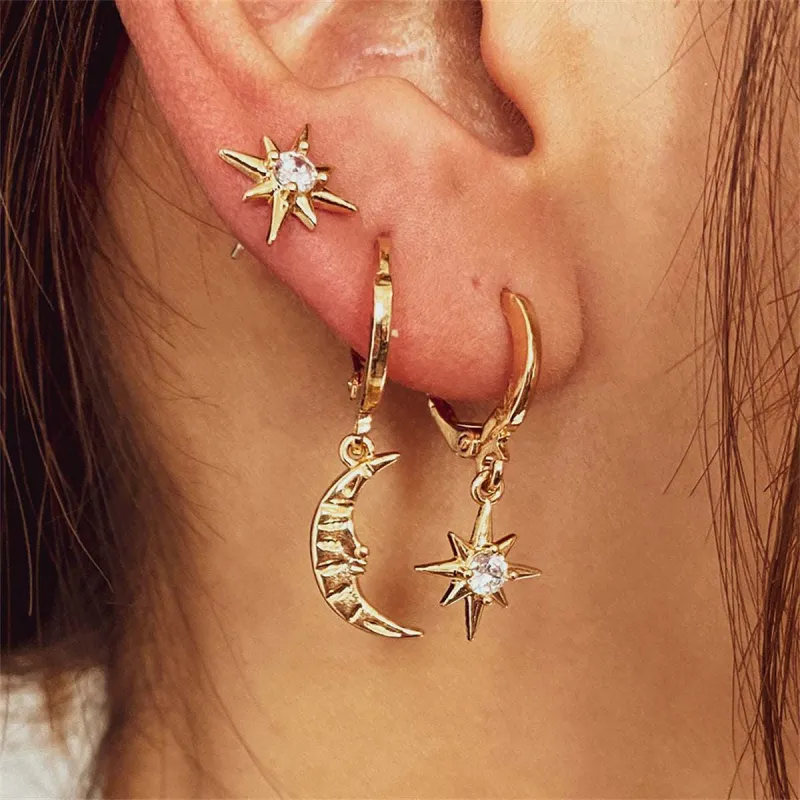 Clear Cubic Zirconia & Goldtone Star Moon Three-Piece Huggie Earring Set made by Zulily