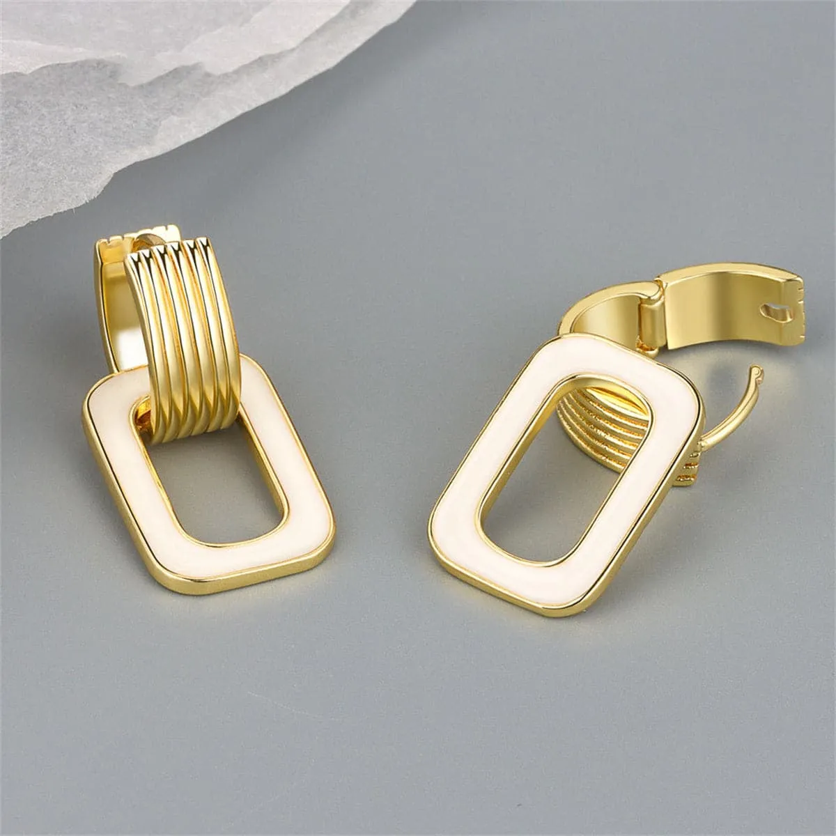 White Enamel & Goldtone Rectangle Link Huggie Earrings sold by Zulily product image thumbnail 3