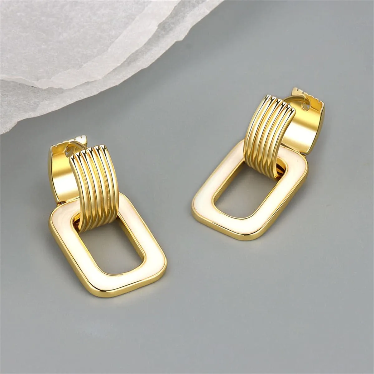 White Enamel & Goldtone Rectangle Link Huggie Earrings sold by Zulily