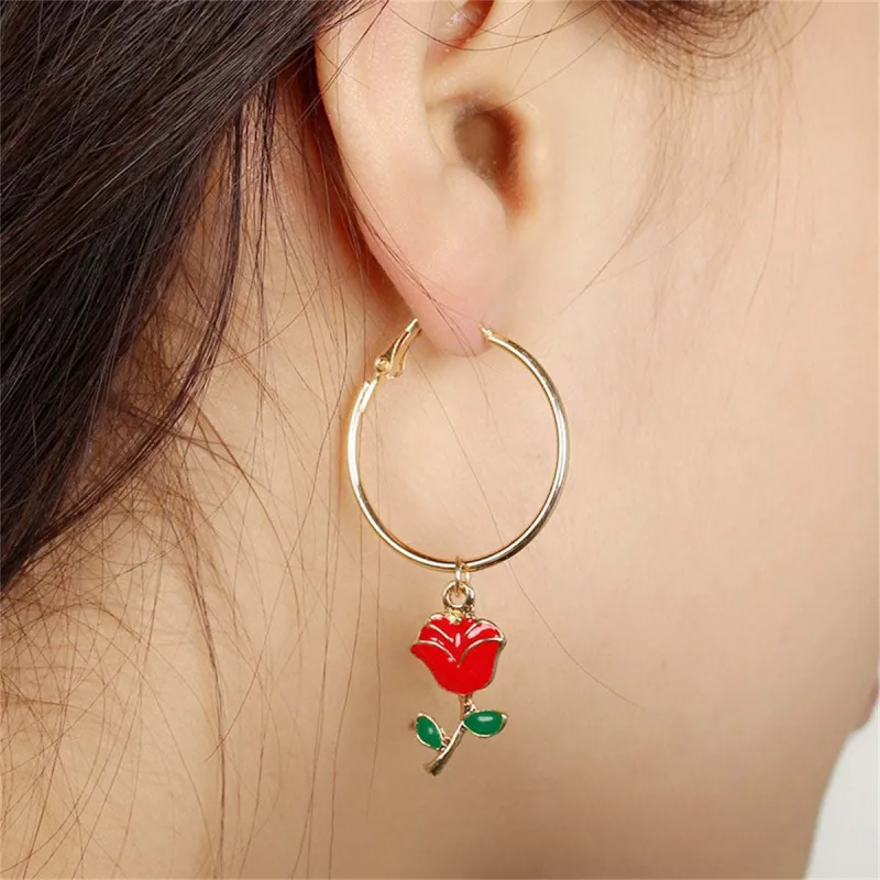 Red Enamel & Goldtone Rose Huggie Earrings made by Zulily