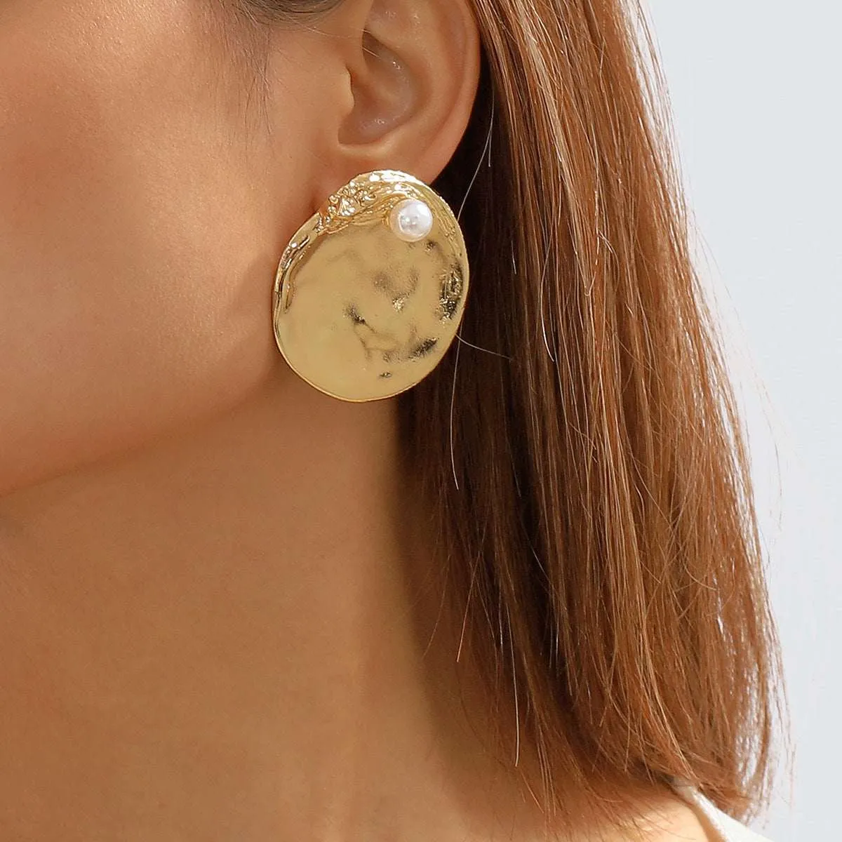 Pearl & Goldtone Textured Round Stud Earrings sold by Zulily product image thumbnail 3
