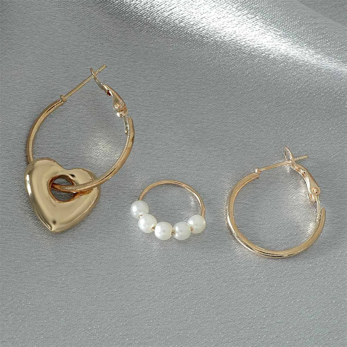 Pearl & Goldtone Heart Huggie Earrings Set sold by Zulily product image thumbnail 3
