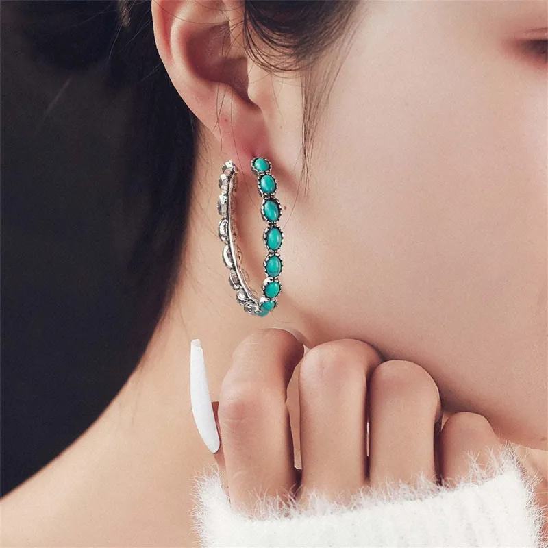 Turquoise & Silvertone Oval Beaded Hoop Earrings made by Zulily