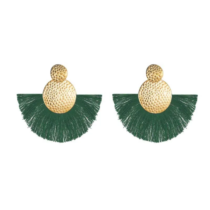 Dark Green Polyster & Goldtone Textured Round Fan Drop Earrings made by Zulily