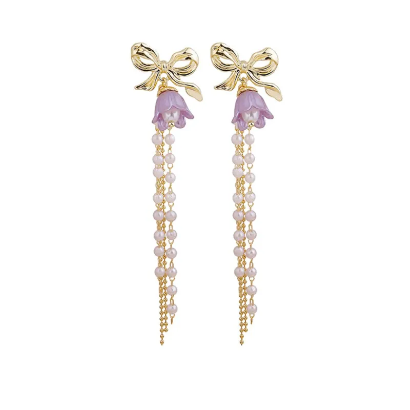Purple Acrylic & Pearl Goldtone Bow Flower Tassel Drop Earrings made by Zulily