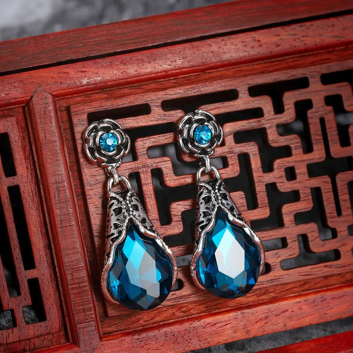 Blue Crystal & Cubic Zirconia Silvertone Rose Drop Earrings sold by Zulily product image thumbnail 3