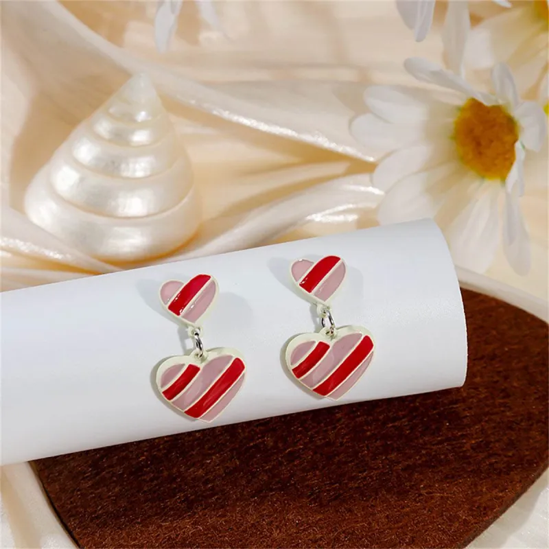 Red Enamel & Goldtone Stripped Double Heart Drop Earrings made by Zulily