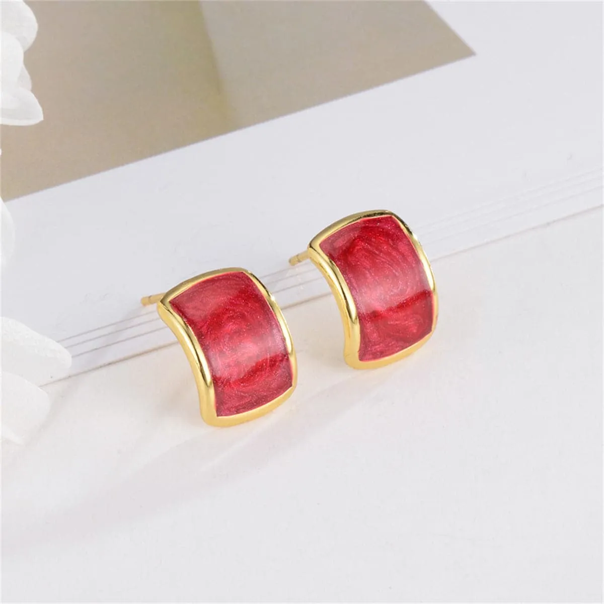 Red Enamel & Goldtone Curved Face Stud Earrings sold by Zulily product image thumbnail 2