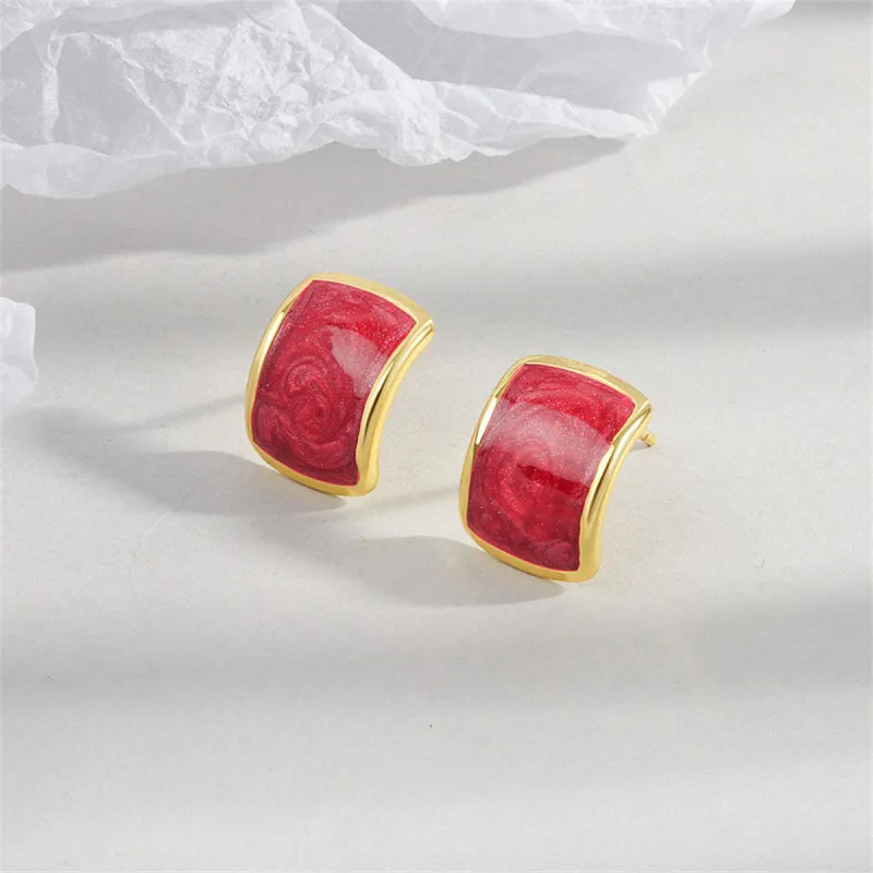 Red Enamel & Goldtone Curved Face Stud Earrings made by Zulily