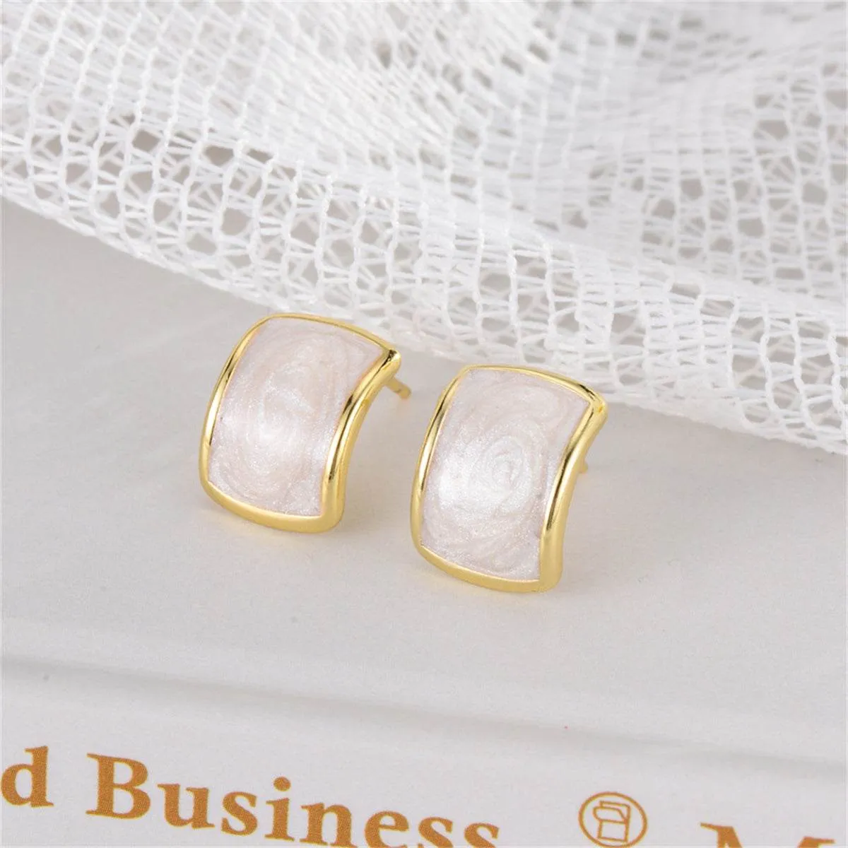 White Enamel & Goldtone Curved Face Stud Earrings sold by Zulily product image thumbnail 2