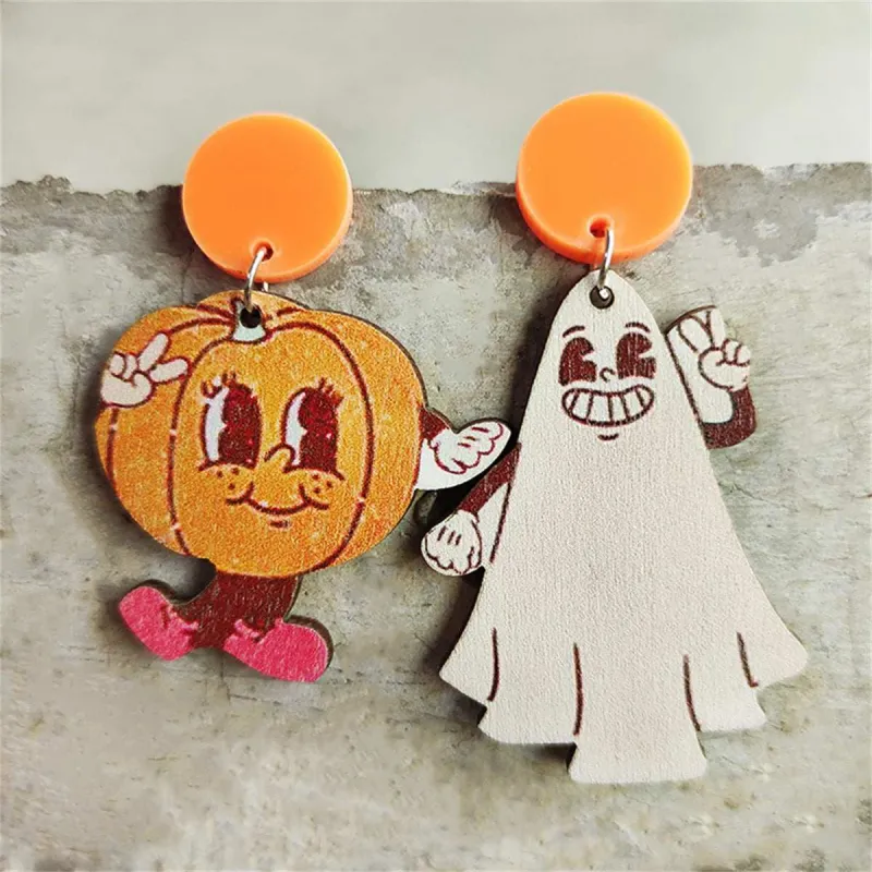 White & Orange Wood Pumpkin Ghost Mismatch Drop Earrings made by Zulily