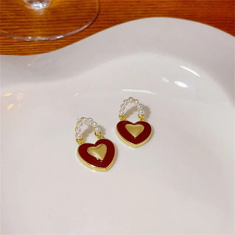 Red Enamel & Pearl Goldtone Heart Drop Earrings made by Zulily