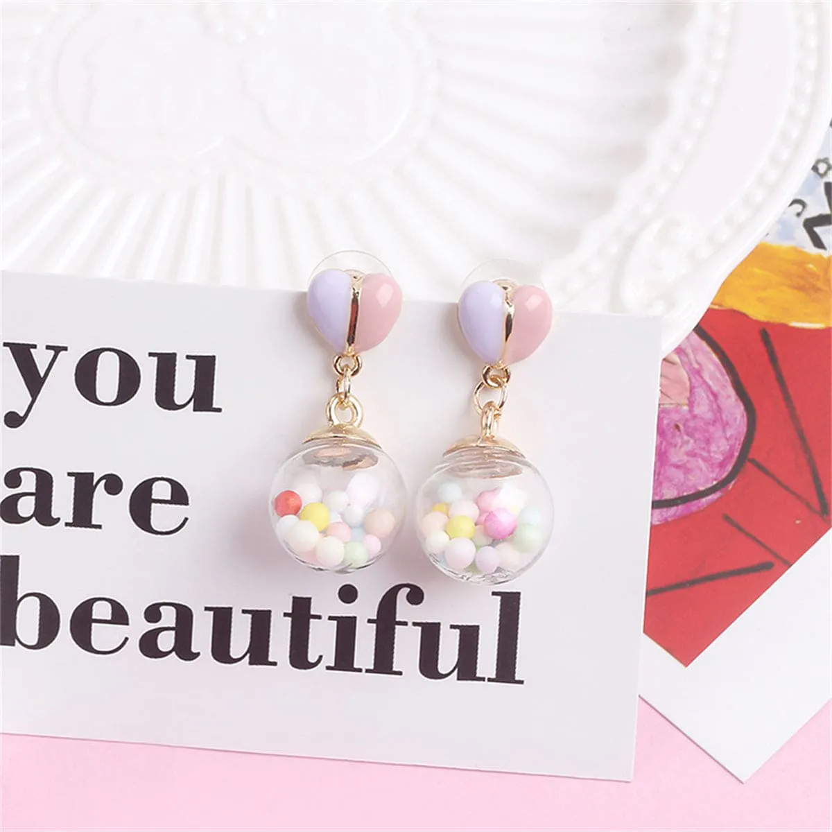 Pink Multicolor & Goldtone Heart Ball Drop Earrings sold by Zulily product image thumbnail 2
