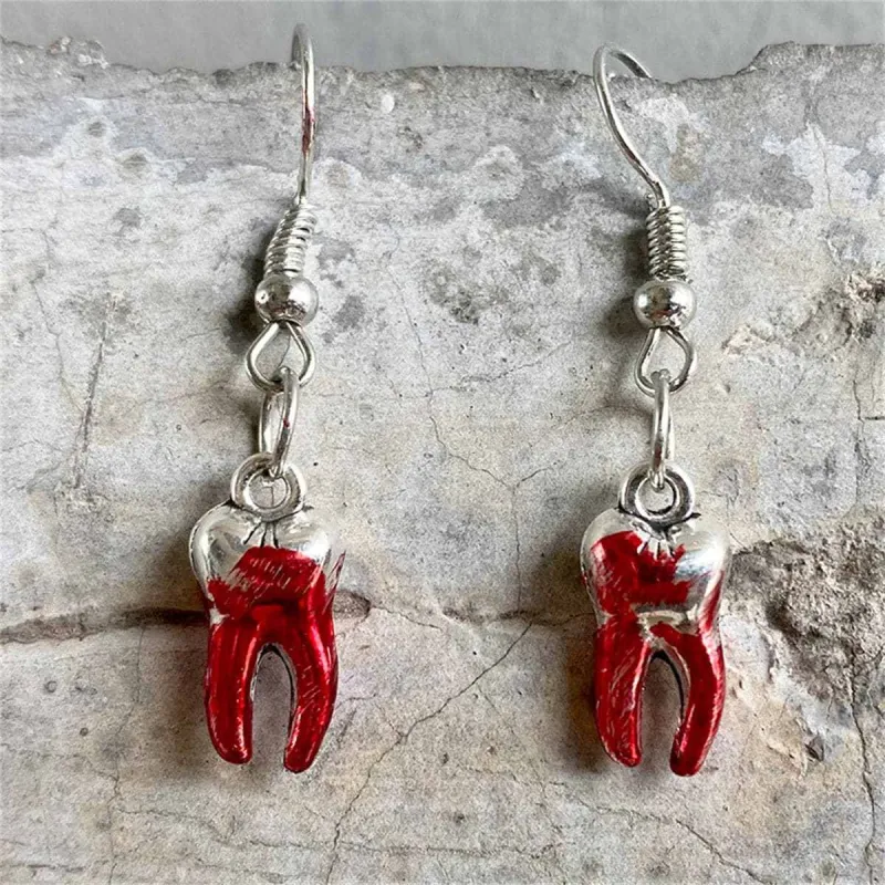 Red Enamel & Silvertone Teeth Drop Earring made by Zulily