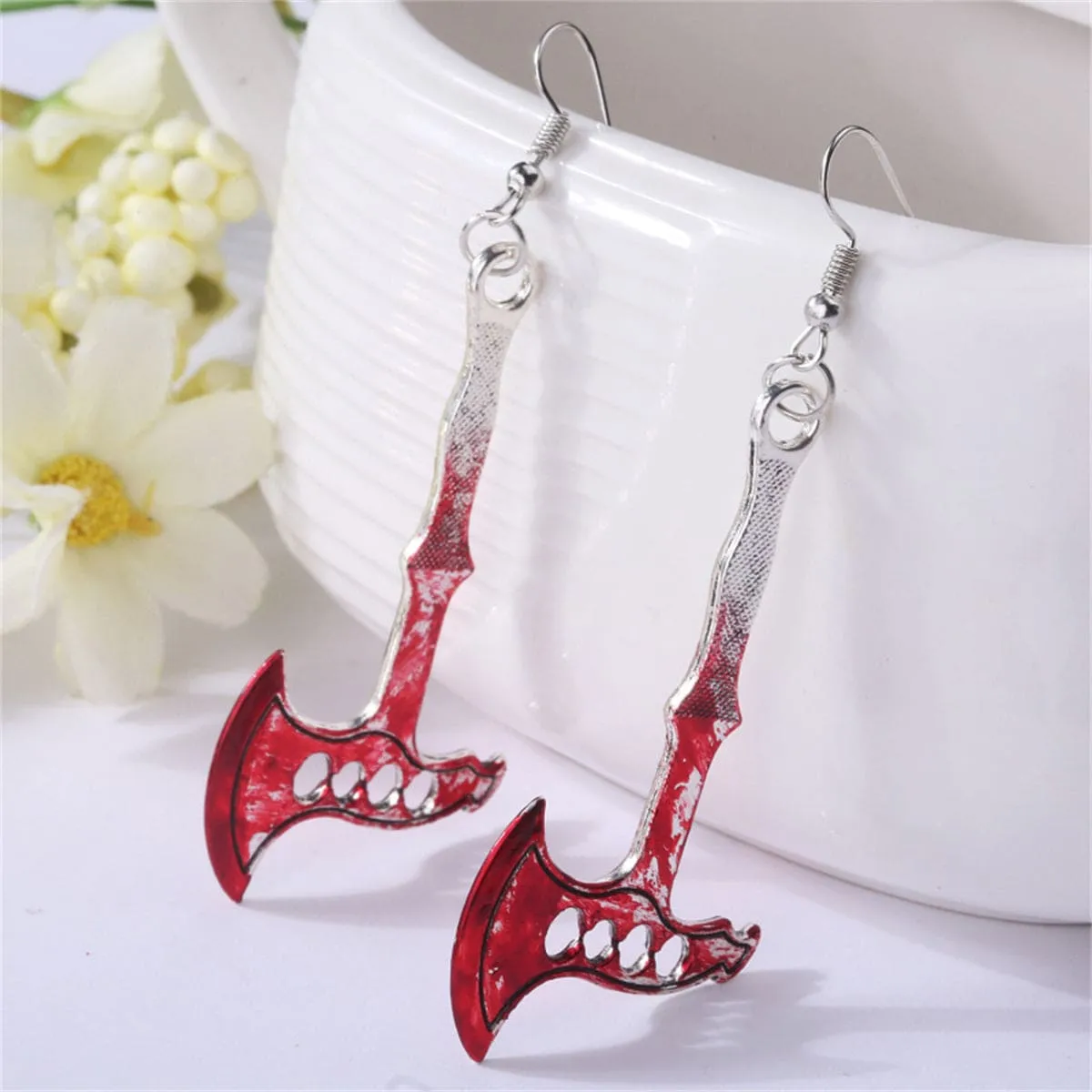 Red Enamel & Silvertone Axe Drop Earring sold by Zulily