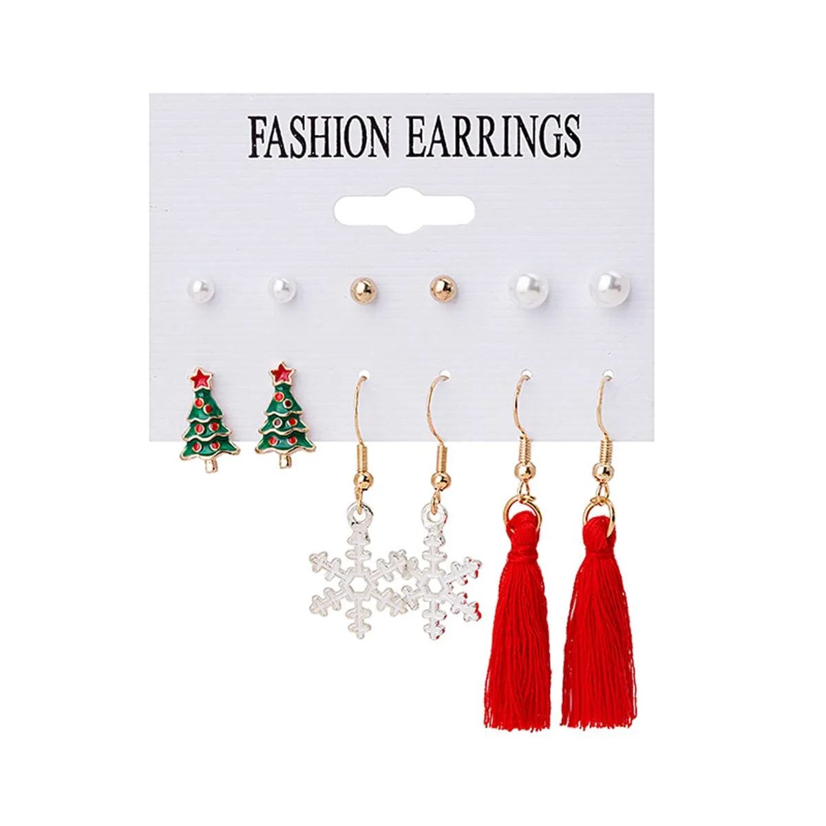 Pearl & Red Christmas Tree Snowflake Tassel Stud & Drop Earrings Set sold by Zulily