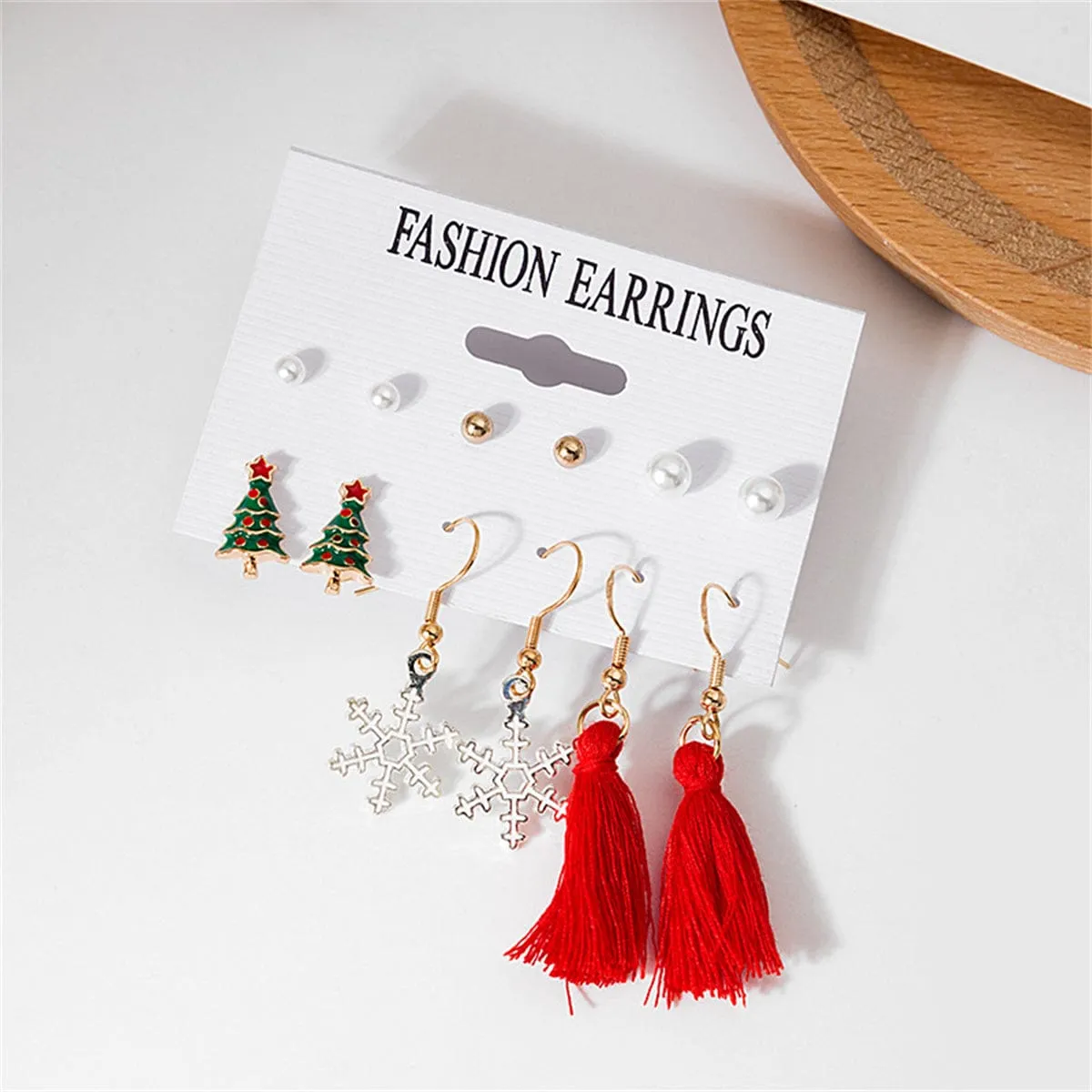 Pearl & Red Christmas Tree Snowflake Tassel Stud & Drop Earrings Set sold by Zulily product image thumbnail 2