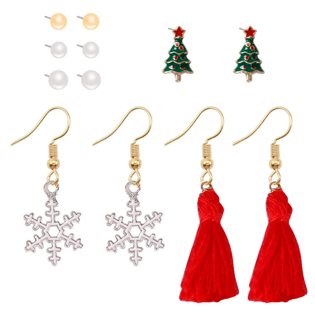 Pearl & Red Christmas Tree Snowflake Tassel Stud & Drop Earrings Set sold by Zulily product image thumbnail 3