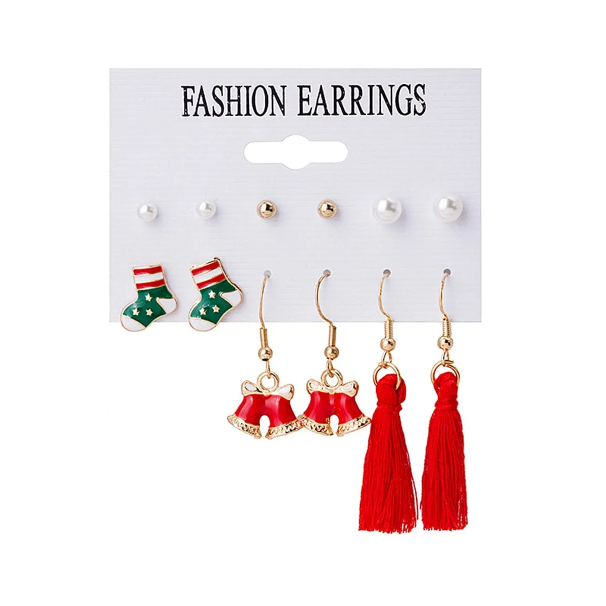 Pearl & Red Stocking Bell Tassel Stud & Drop Earrings Set sold by Zulily