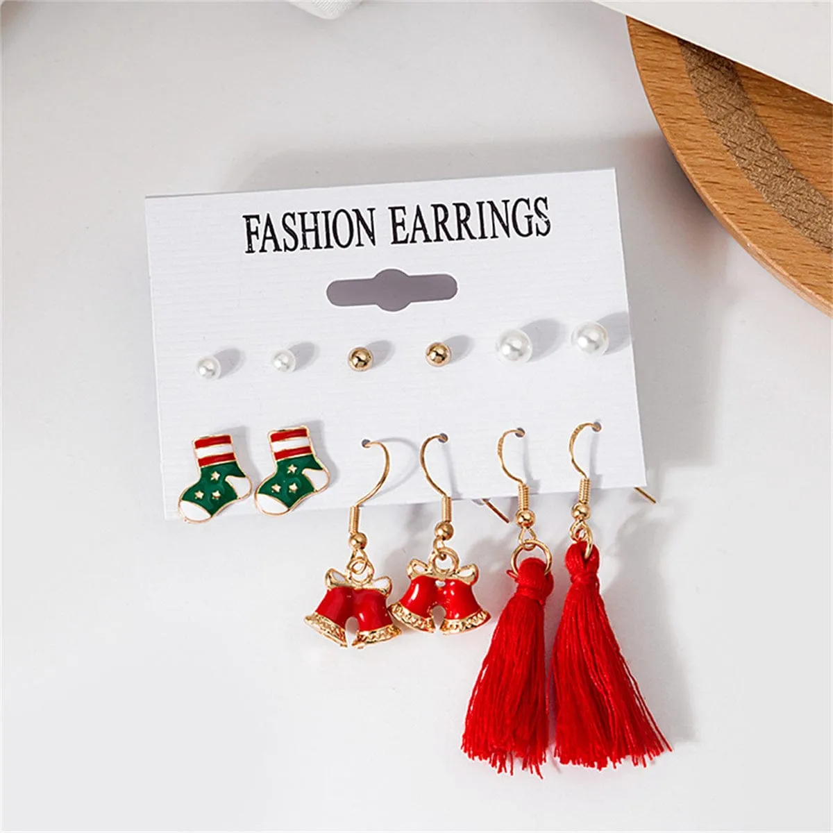 Pearl & Red Stocking Bell Tassel Stud & Drop Earrings Set sold by Zulily product image thumbnail 2