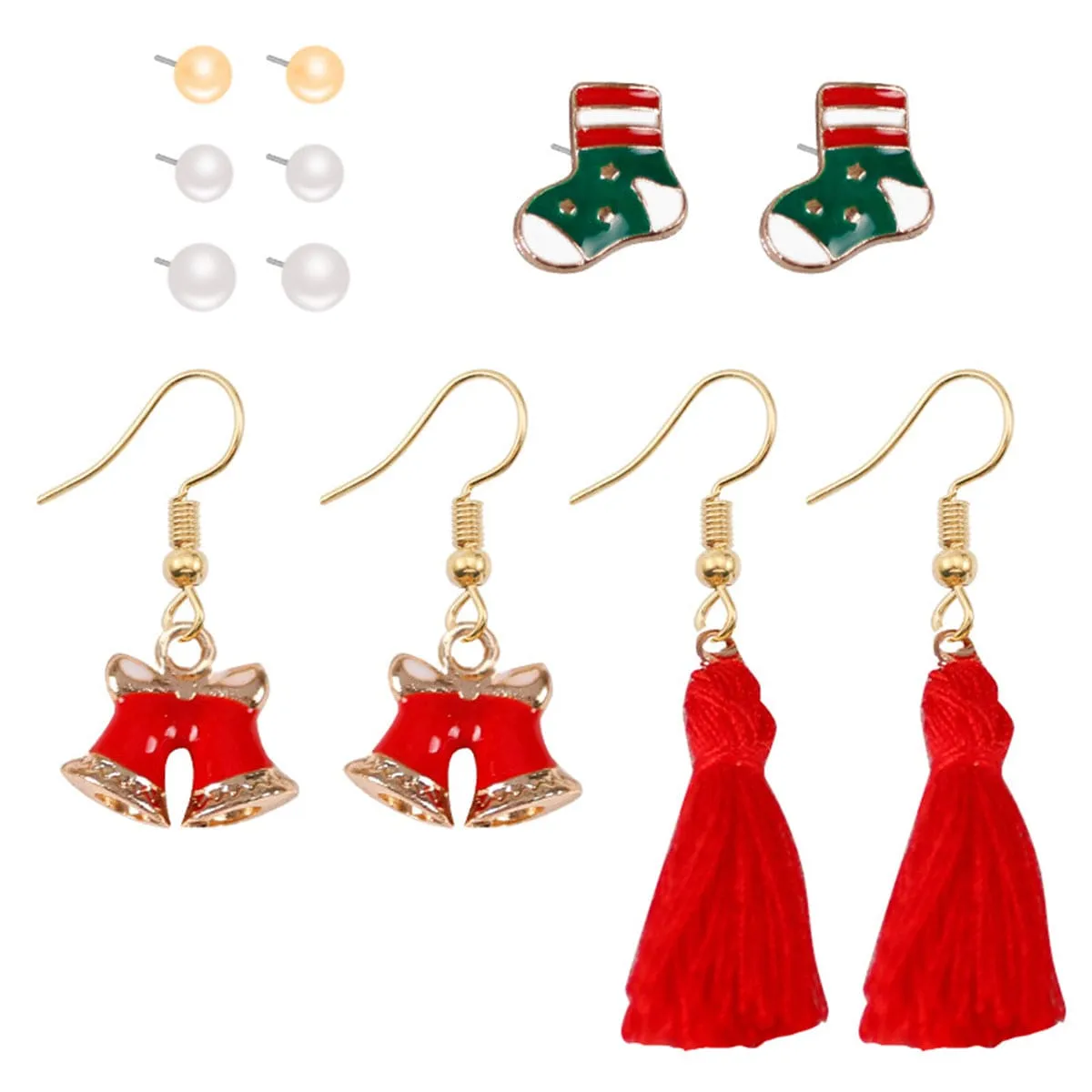 Pearl & Red Stocking Bell Tassel Stud & Drop Earrings Set sold by Zulily product image thumbnail 3