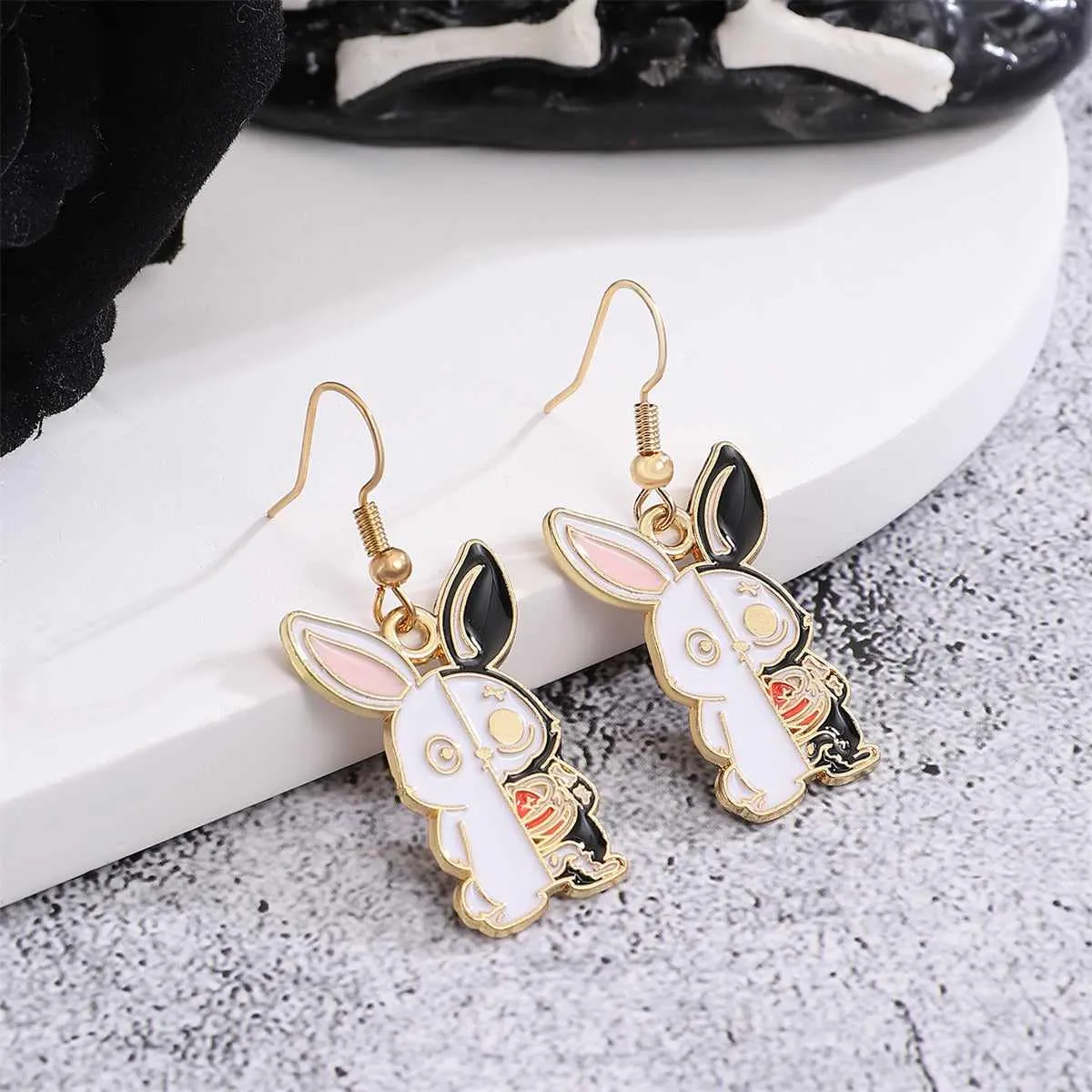 White Enamel & Goldtone Rabbit Drop Earrings sold by Zulily product image thumbnail 2