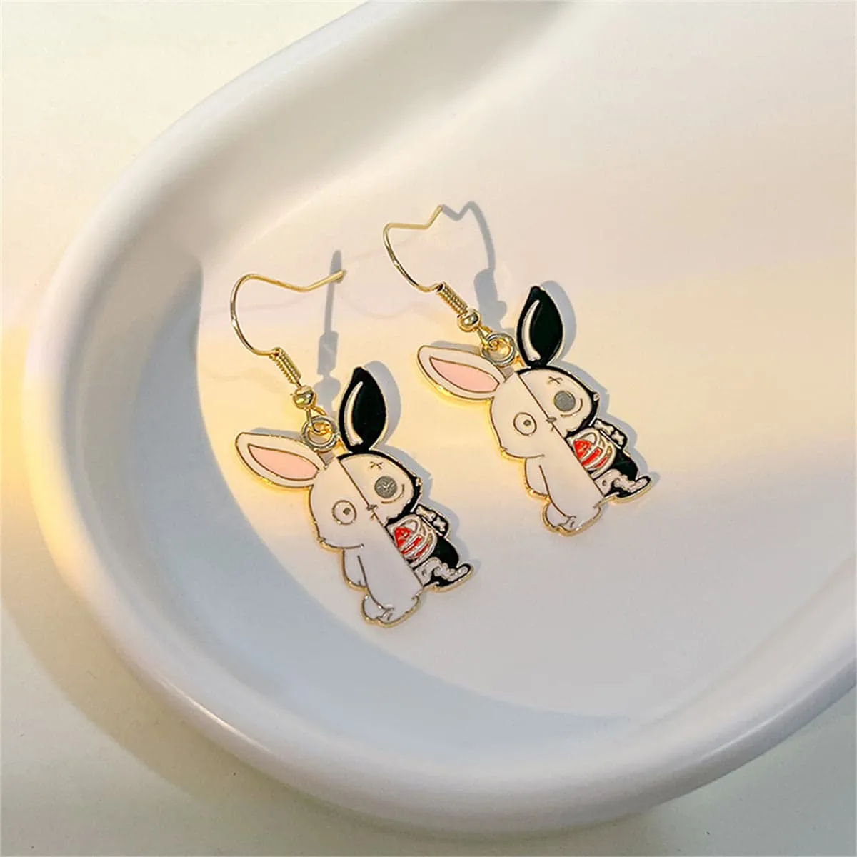 White Enamel & Goldtone Rabbit Drop Earrings sold by Zulily product image thumbnail 3