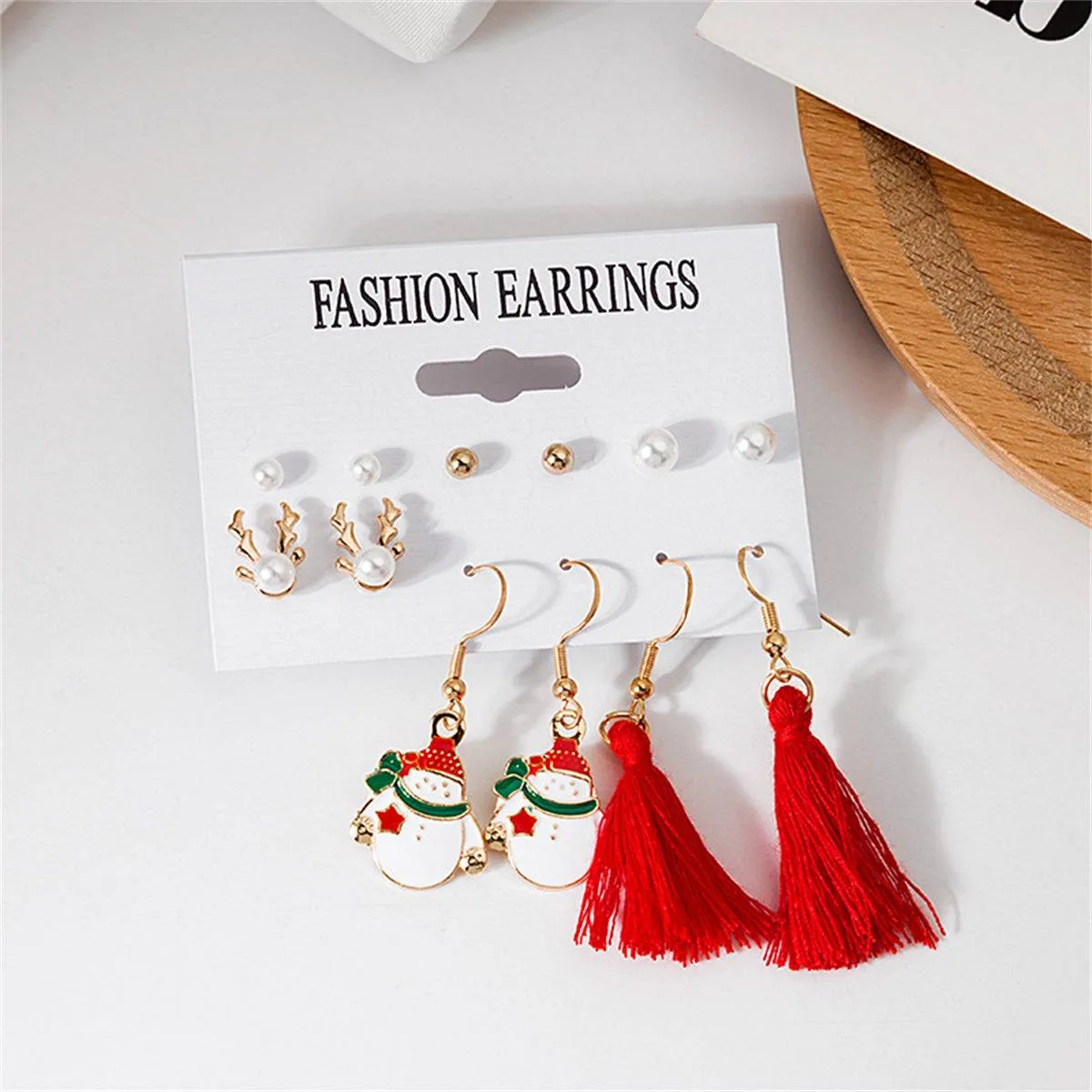 Pearl & Red Reindeer Snowman Tassel Stud & Drop Earrings Set sold by Zulily product image thumbnail 2