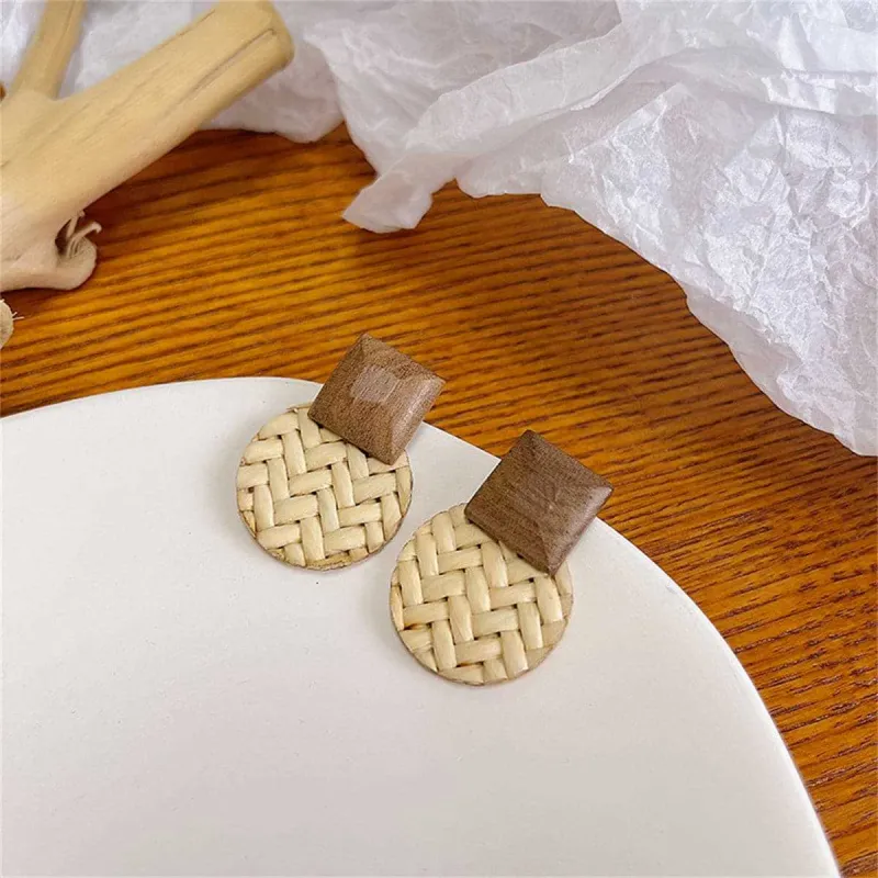 Beige Rattan & Wood Round Drop Earrings made by Zulily