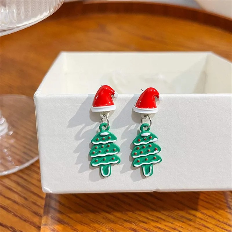 Green Enamel & Silvertone Hat Christmas Tree Drop Earrings made by Zulily