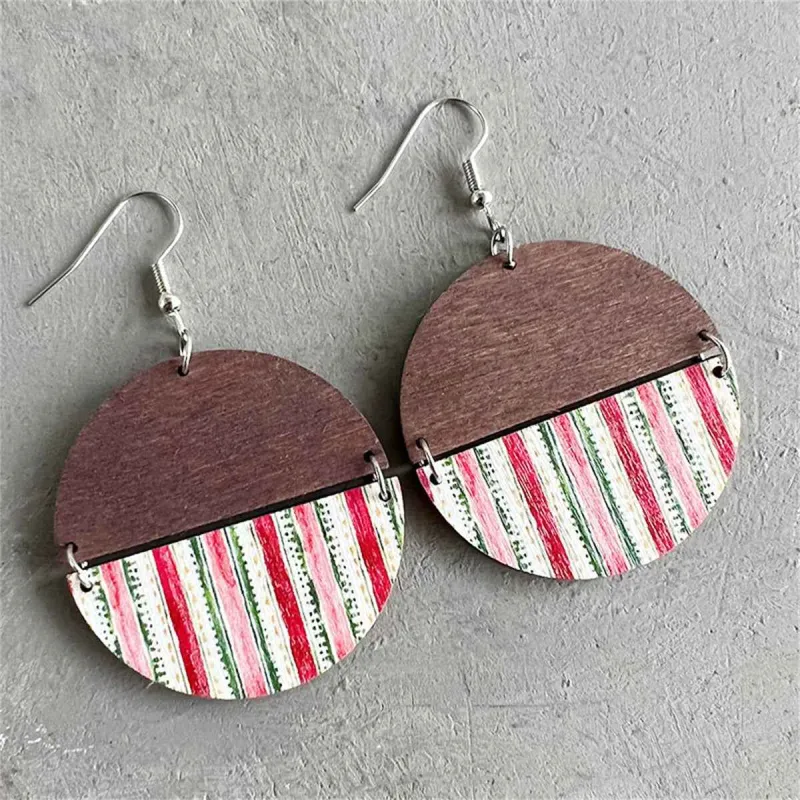 Brown & Red Stripe Round Wood Drop Earrings made by Zulily
