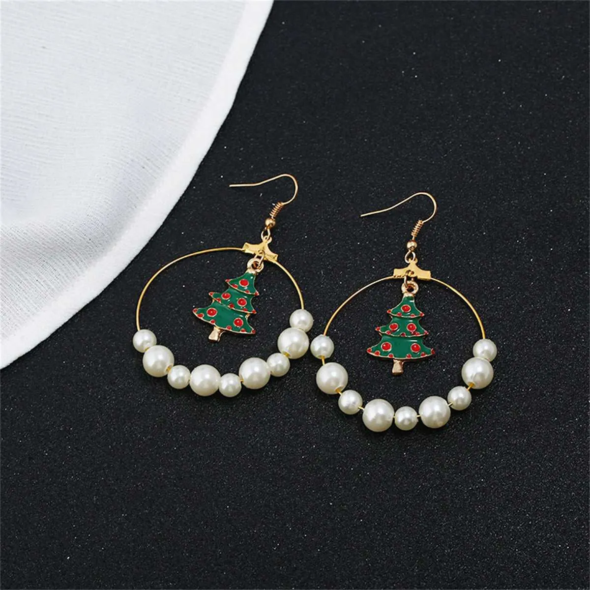 Pearl & Enamel Goldtone Christmas Tree Circle Drop Earrings sold by Zulily product image thumbnail 2