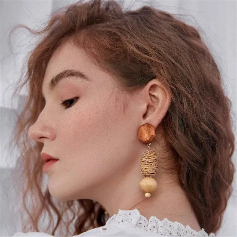 Wood & Rattan Geometric Tiered Drop Earrings made by Zulily