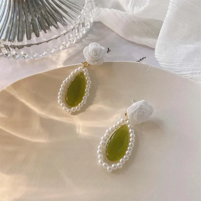 Green Cat's Eye & Pearl Goldtone Rose Teardrop Earrings made by Zulily
